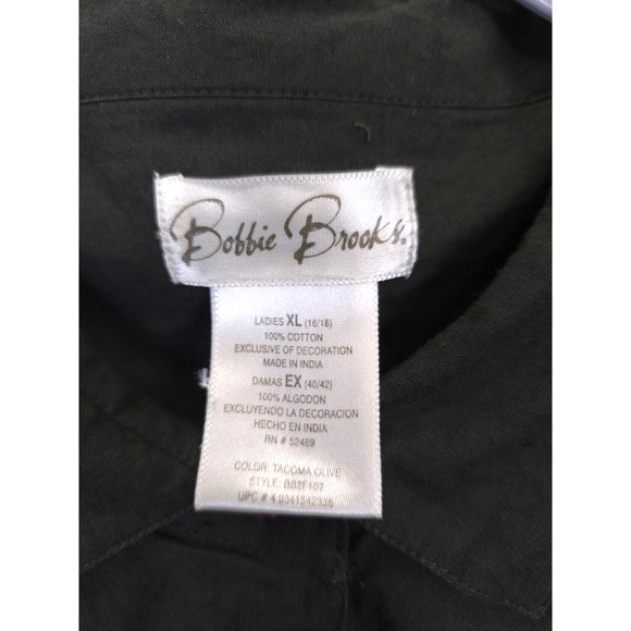 Bobbie Brooks Button Shirt Embroidered Floral Women XL Olive Western Cottagecore - Picture 8 of 14